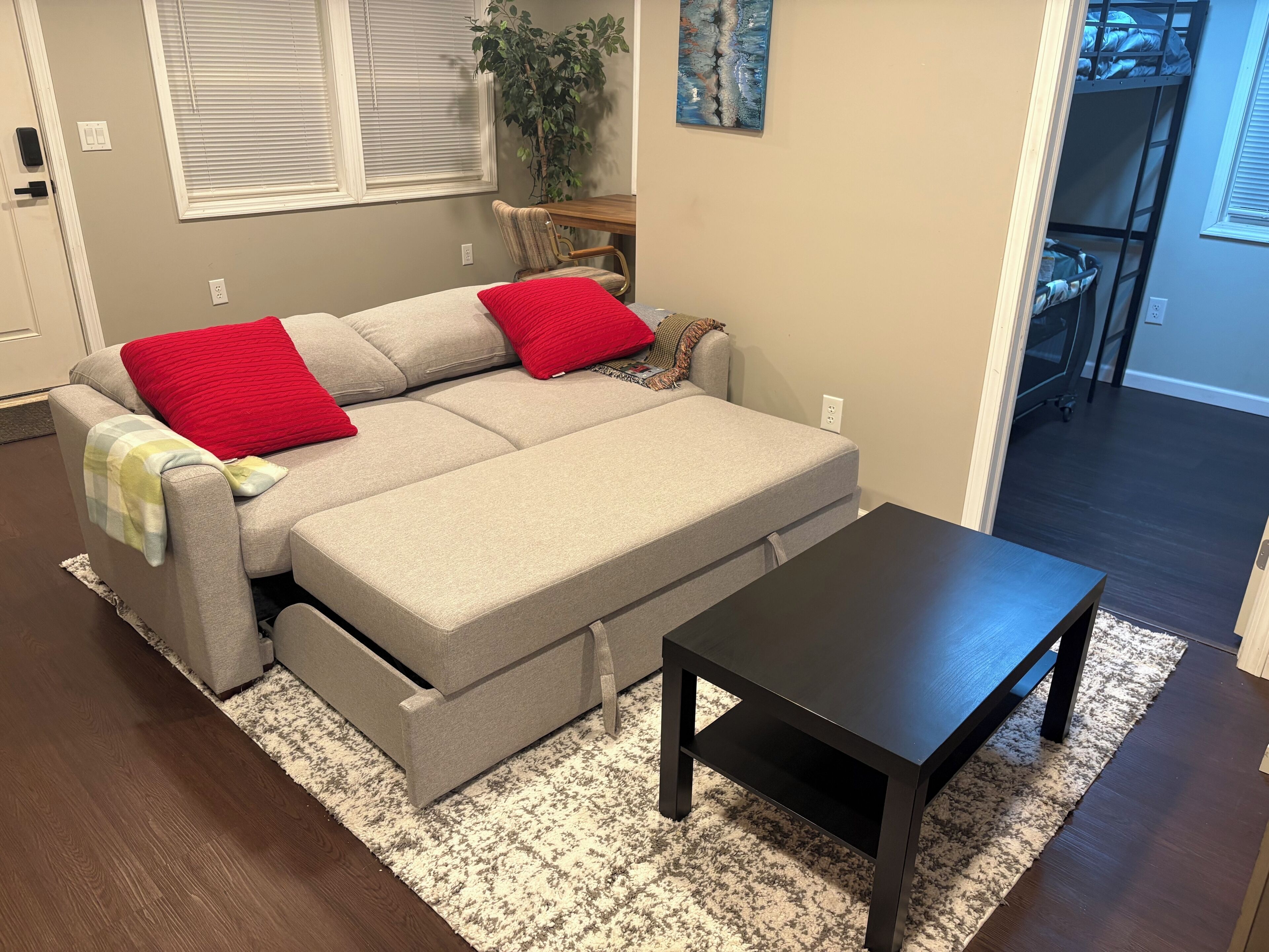 A living room with a sofa, a coffee table, a plant, and a painting on the wall.