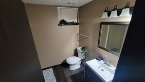 Un bagno con il water, un lavandino, uno specchio e una finestra con persiane.