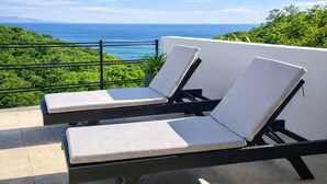 Deux fauteuils confortables avec coussins, une plante en pot et une vue sur l’océan et la végétation.