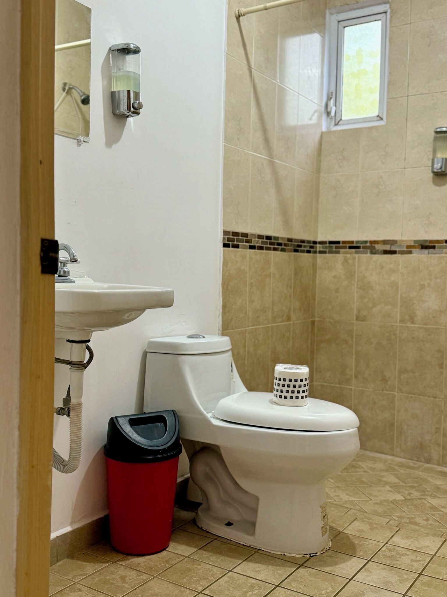 Un baño con inodoro, lavabo y ducha.