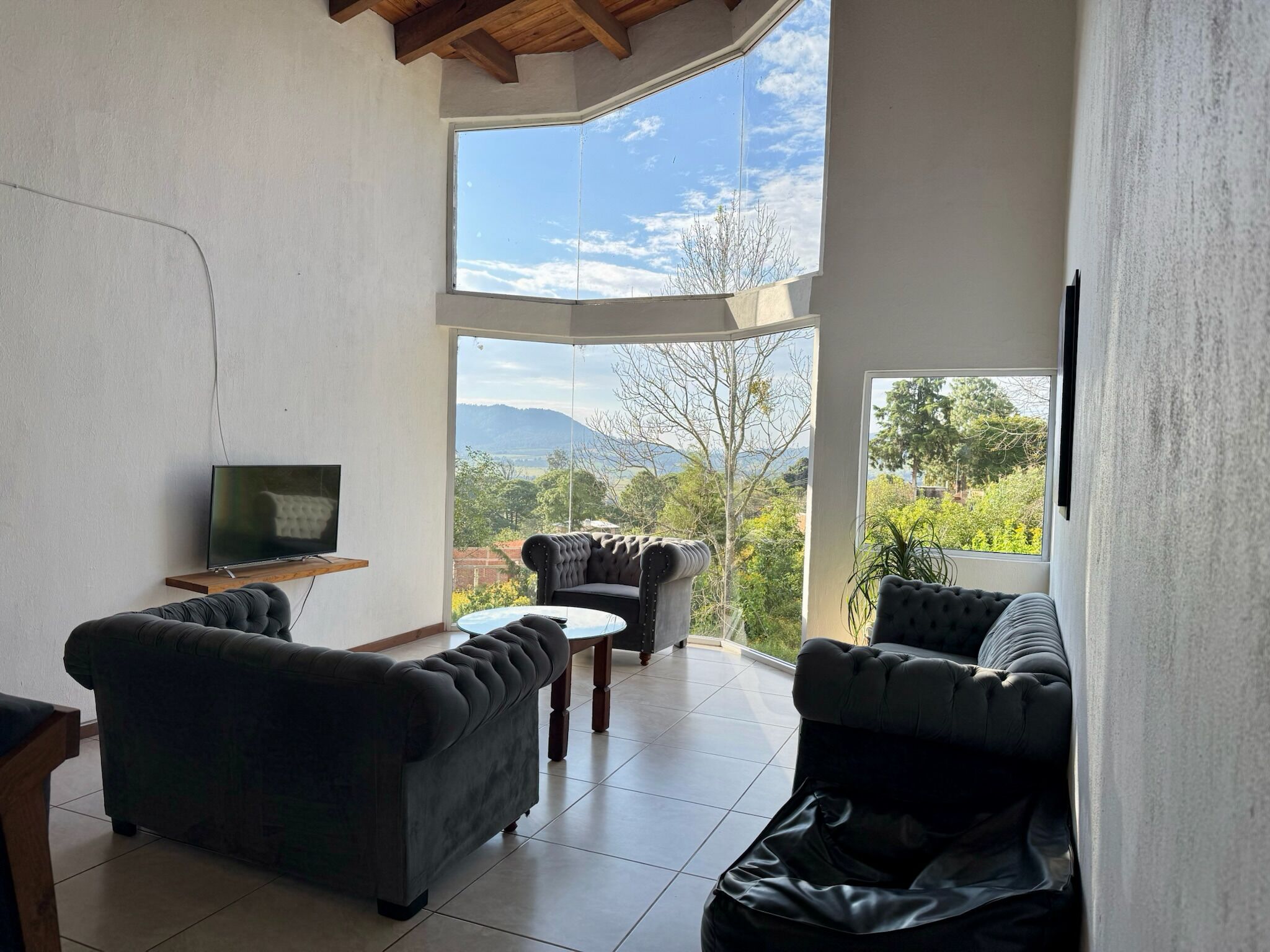 Una sala de estar moderna con televisor, dos sofás y vistas a montañas y árboles.