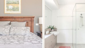 Ein Schlafzimmer mit einem hölzernen Kopfteil, einem Bett mit gemusterten Textilien und einem gerahmten Bild an der Wand.