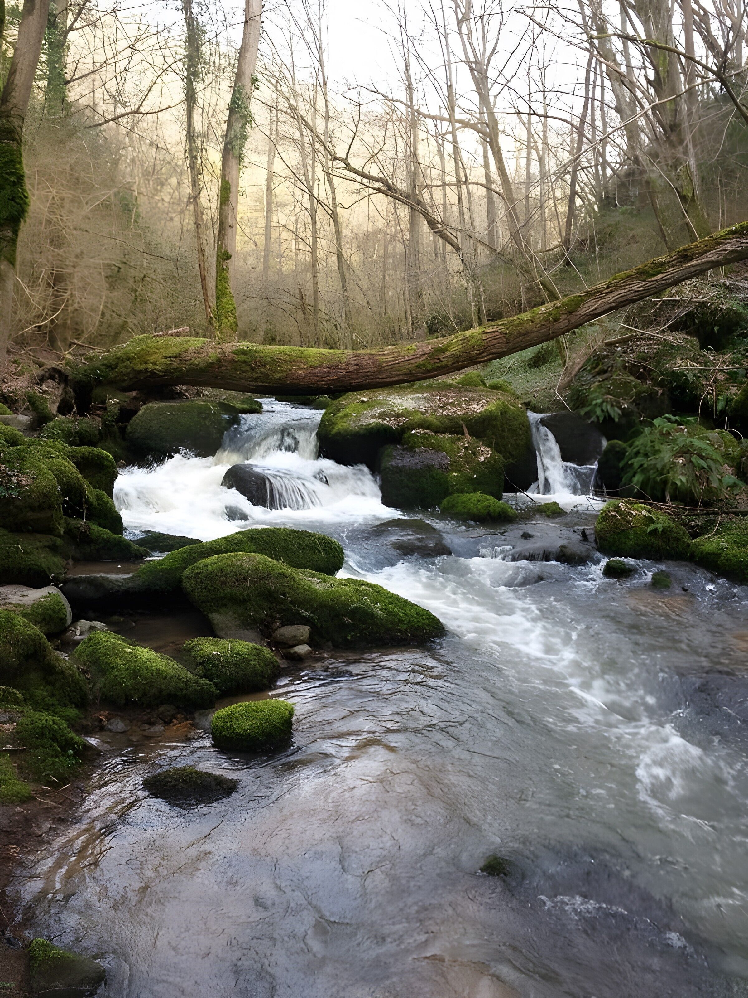 Un arroyo en un bosque con rocas cubiertas de musgo y un árbol caído.