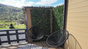 Ein Balkon mit zwei schwarzen Stuhlgestellen, einem gemusterten Teppich und einer begrünten Wand.