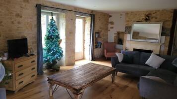 Fernseher, Kamin, DVD-Player, Stereoanlage