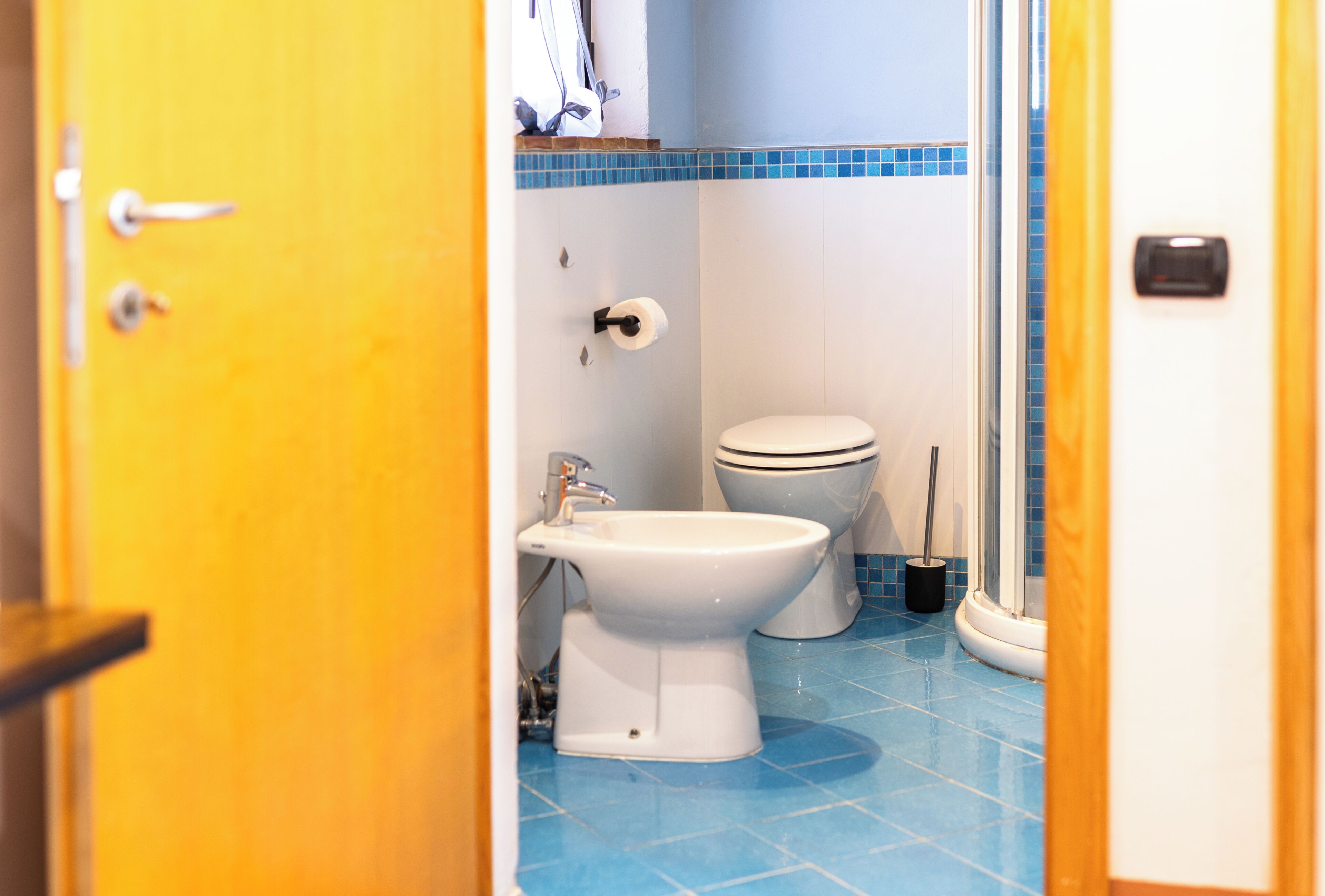 Ein Badezimmer mit Toilette, Bidet und Duschbereich.