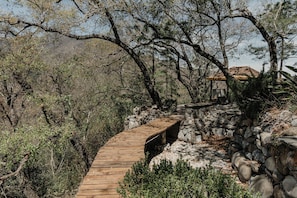 Un sendero de madera lleva a una estructura de piedra con techo de paja, rodeada de vegetación densa y colinas al fondo.