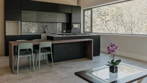 A modern kitchen with a dining area, large windows, and a potted orchid. - Quinta Real San Carlos (Santiago)