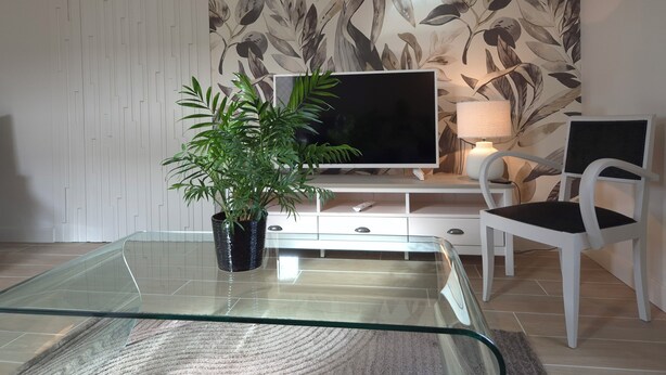 Una sala de estar moderna con una mesa de centro de vidrio, un televisor de pantalla plana, una planta en maceta, una silla blanca y una lámpara.