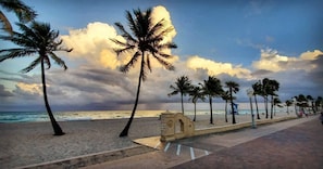 Een strand met palmbomen, een uitkijktoren van de badwachters en een helder uitzicht op de oceaan.