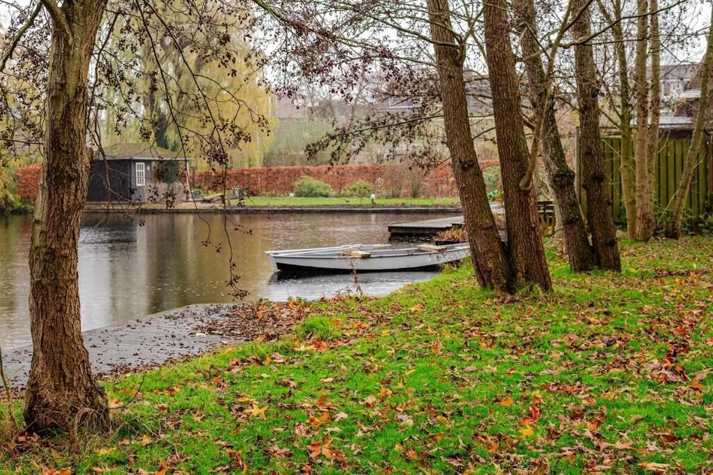 En lugn park vid floden med en brygga, träd och en liten byggnad i bakgrunden.