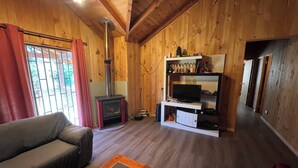 Ein gemütliches Wohnzimmer mit einer Couch, einem Fernsehschrank, einem Kamin und Holzwänden.