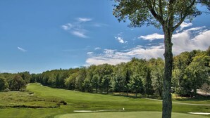 A golf course with a flagstick, trees, and a clear sky. - The Salty Box Cottage in the Hideout, Lake Ariel - great location (Lake Ariel)