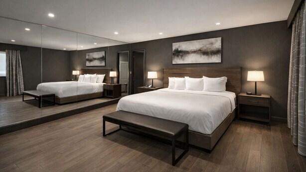 A modern hotel room with a large bed, bedside tables, a bench, a mirror, and a painting on the wall. - Stella Hotel Bronx (Bronx)