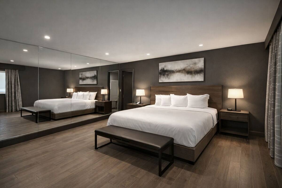 Una habitación de hotel moderna con una cama grande, mesitas de noche, un banco, un espejo y un cuadro en la pared.