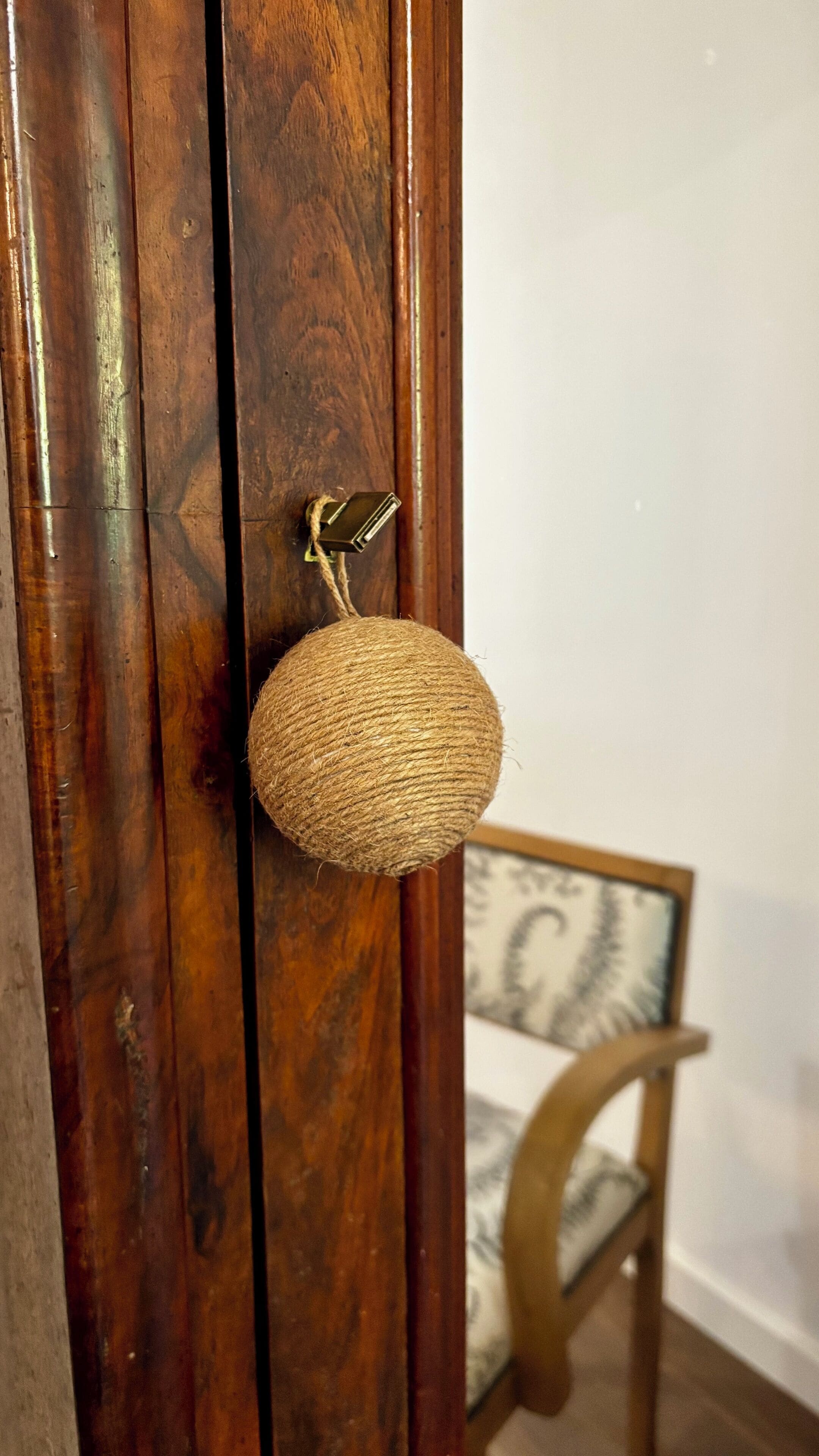 A wooden door with a textured, spherical object hanging on a metal hook.