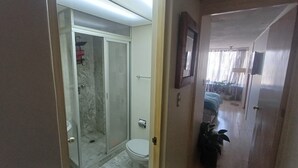Ein Badezimmer mit Duschkabine, Toilette und einem Gang, der zu einem Schlafzimmer mit Bett und Vorhängen führt.