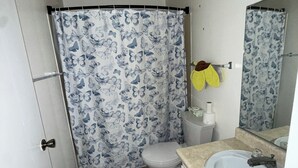Une salle de bain équipée d’un rideau de douche, de toilettes, d’un lavabo et d’un miroir.