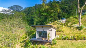 A modern house with a balcony, surrounded by lush greenery and a hillside.