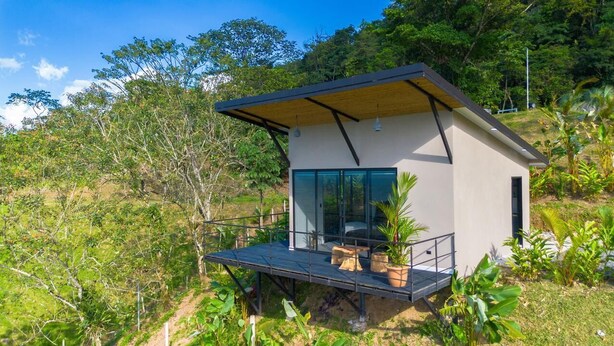 A modern house with a balcony, surrounded by lush greenery.