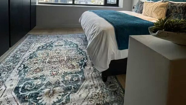 Une chambre avec une grande fenêtre, un lit, un tapis à motifs et une plante posée sur une table de chevet.
