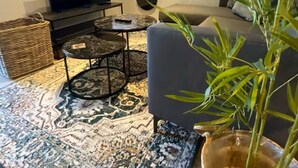 Un salon comprenant un canapé, un téléviseur, une table basse, un miroir et une grande plante en pot.
