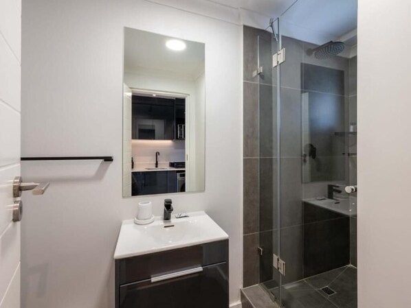 Shower, hair dryer, soap
