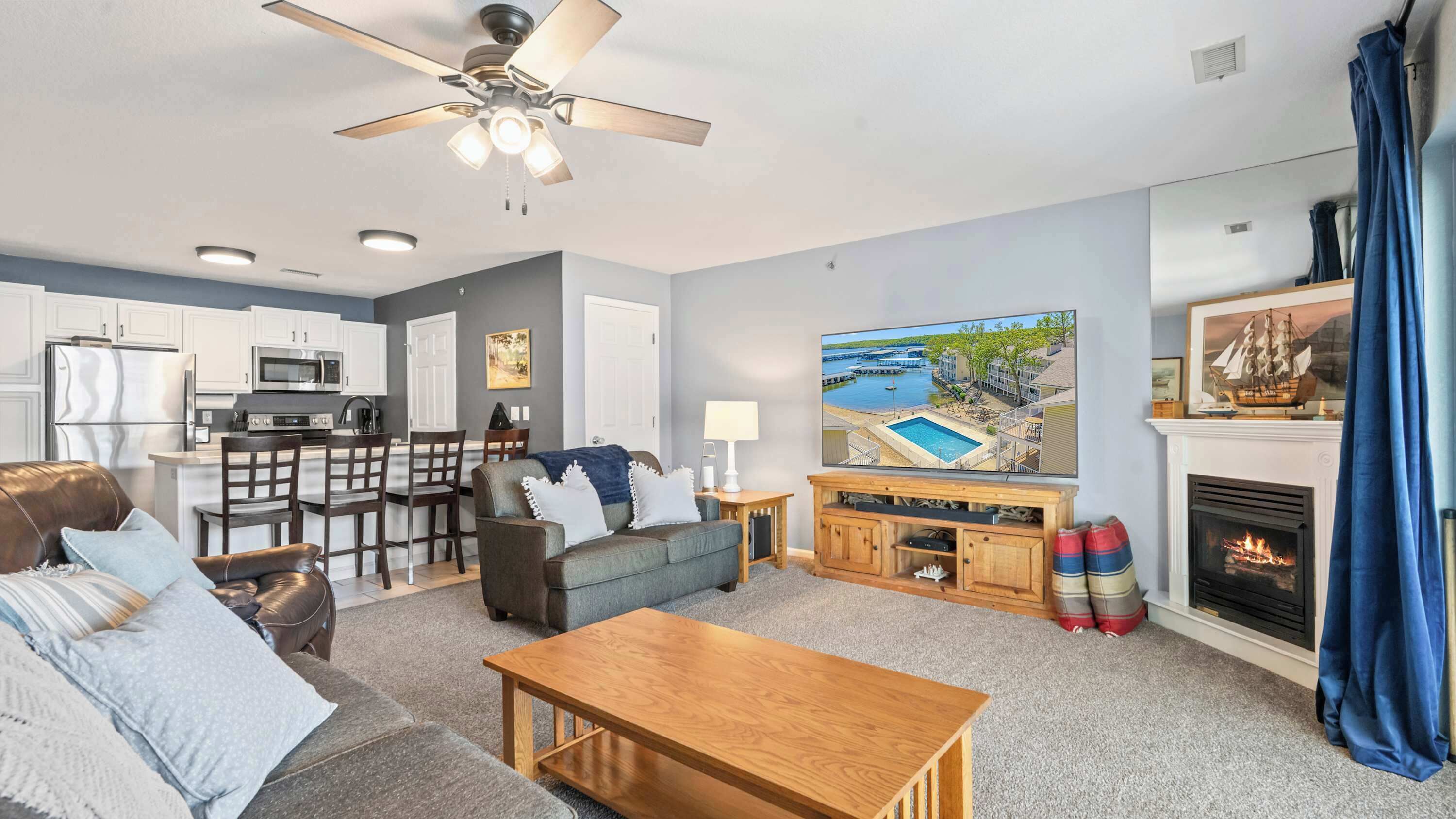 TV, fireplace, offices