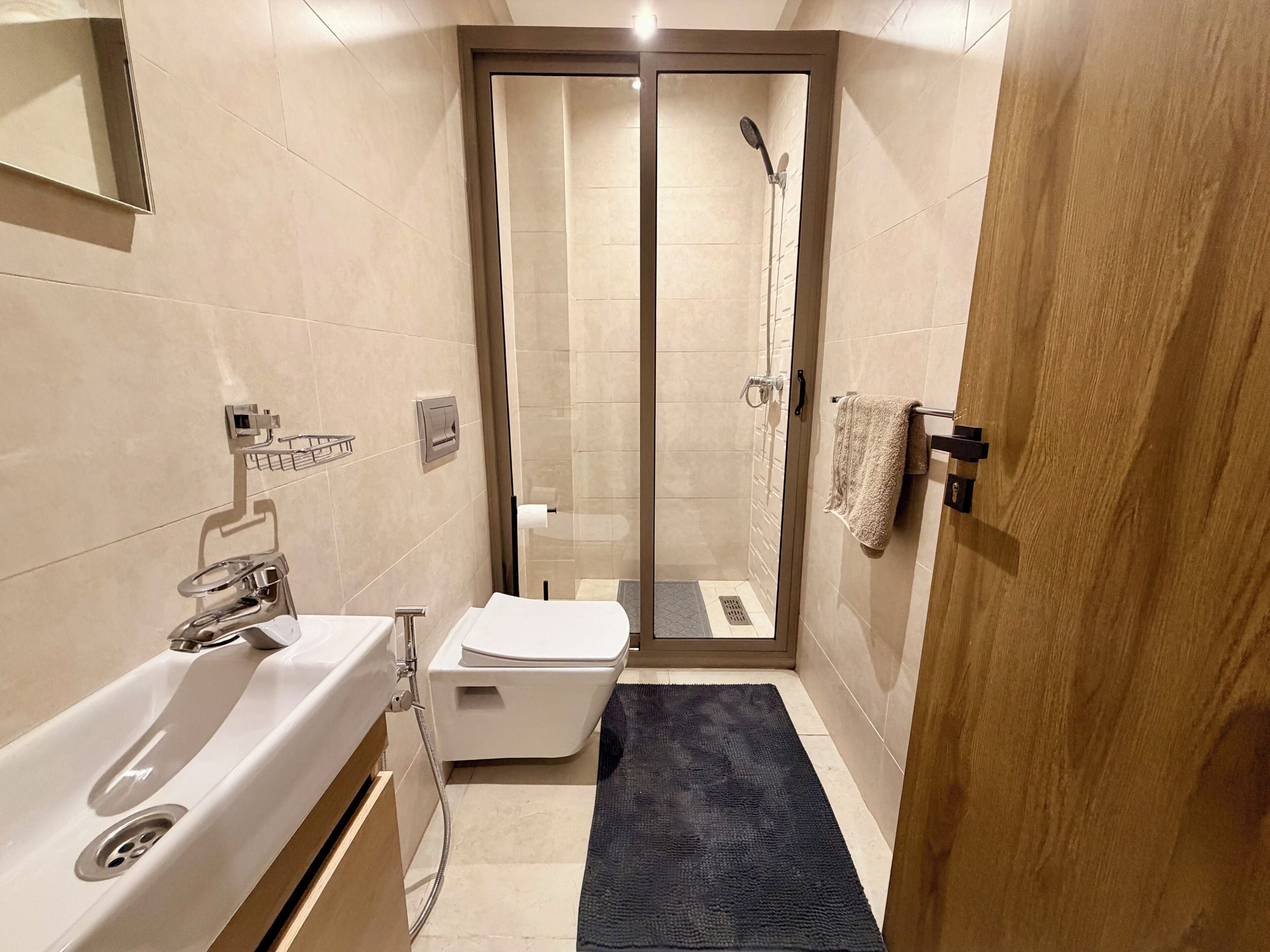 Hair dryer, towels, soap, toilet paper