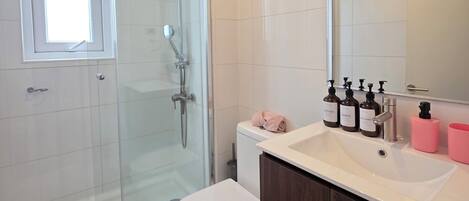Shower, hair dryer, towels, soap