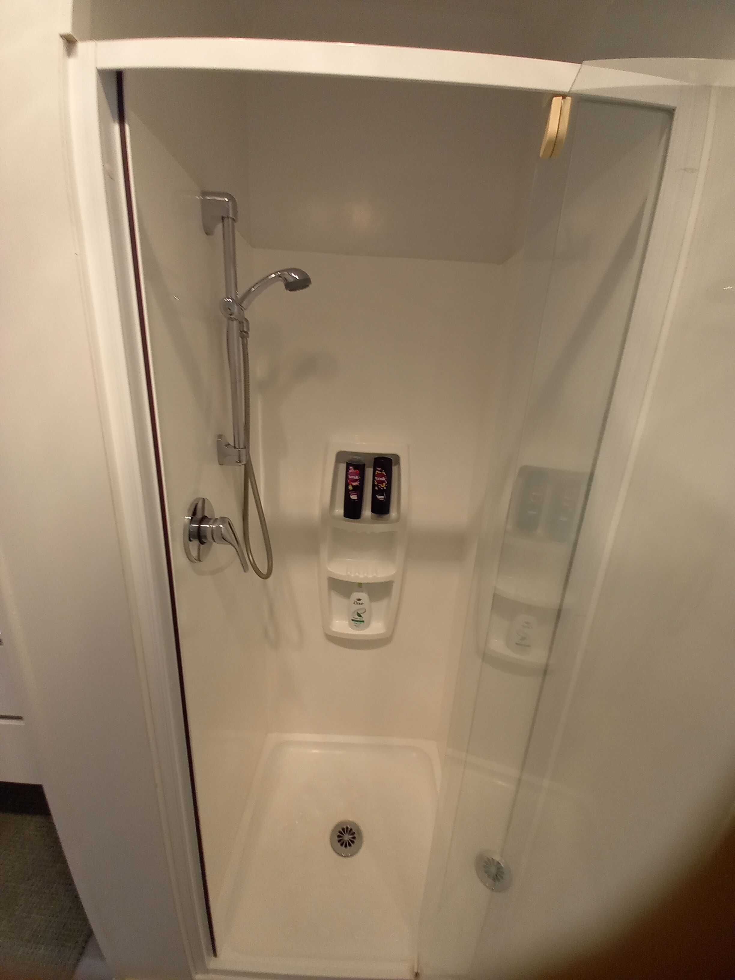 Shower, hair dryer, towels, shampoo