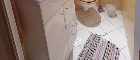Secadora de cabello, toallas, jabón, papel de baño