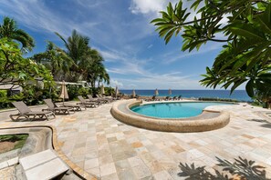 Un espace piscine avec des chaises longues et des palmiers.