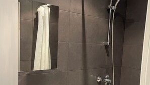 Une salle de bain avec une douche, un lavabo et un miroir.