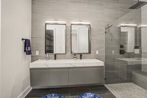 Shower, towels, soap, toilet paper