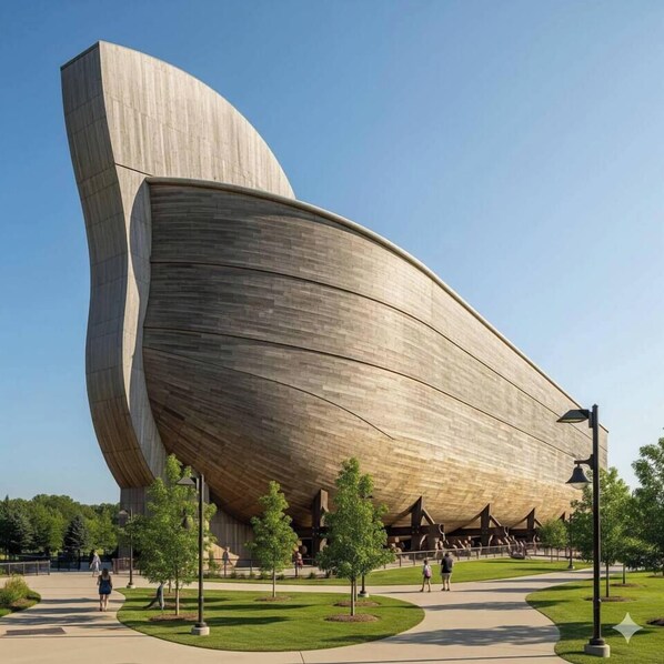 A large, modern building with a curved, boat-like structure.
