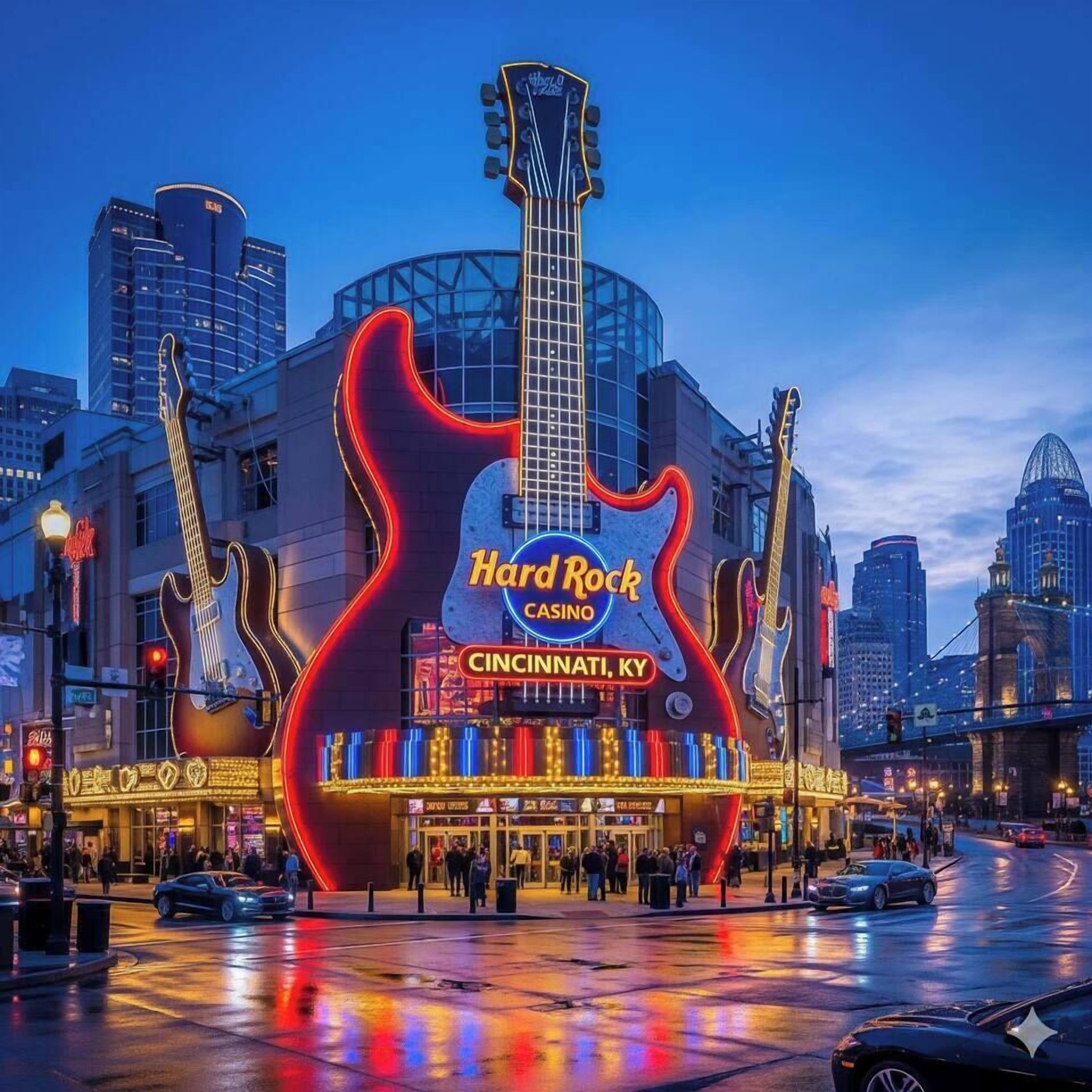 A building with a large guitar-shaped neon sign reading 'Hard Rock Casino Cincinnati, KY'.