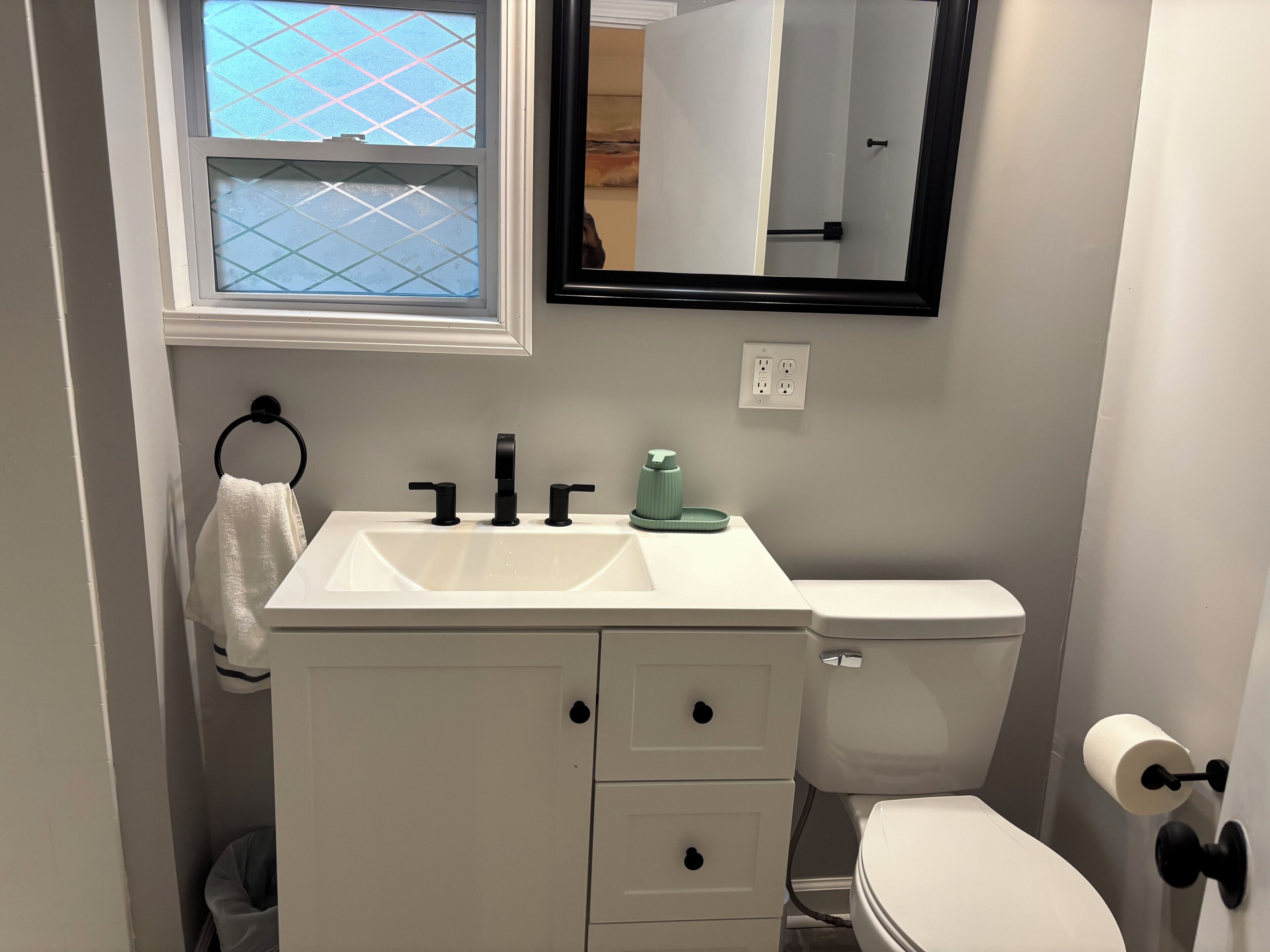Hair dryer, towels, soap, shampoo