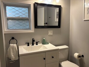Hair dryer, towels, soap, shampoo