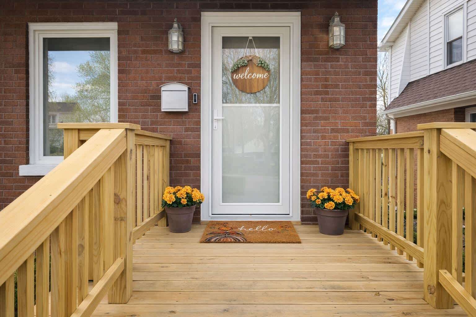 Une terrasse en bois avec une porte blanche, deux plantes en pot et un paillasson.