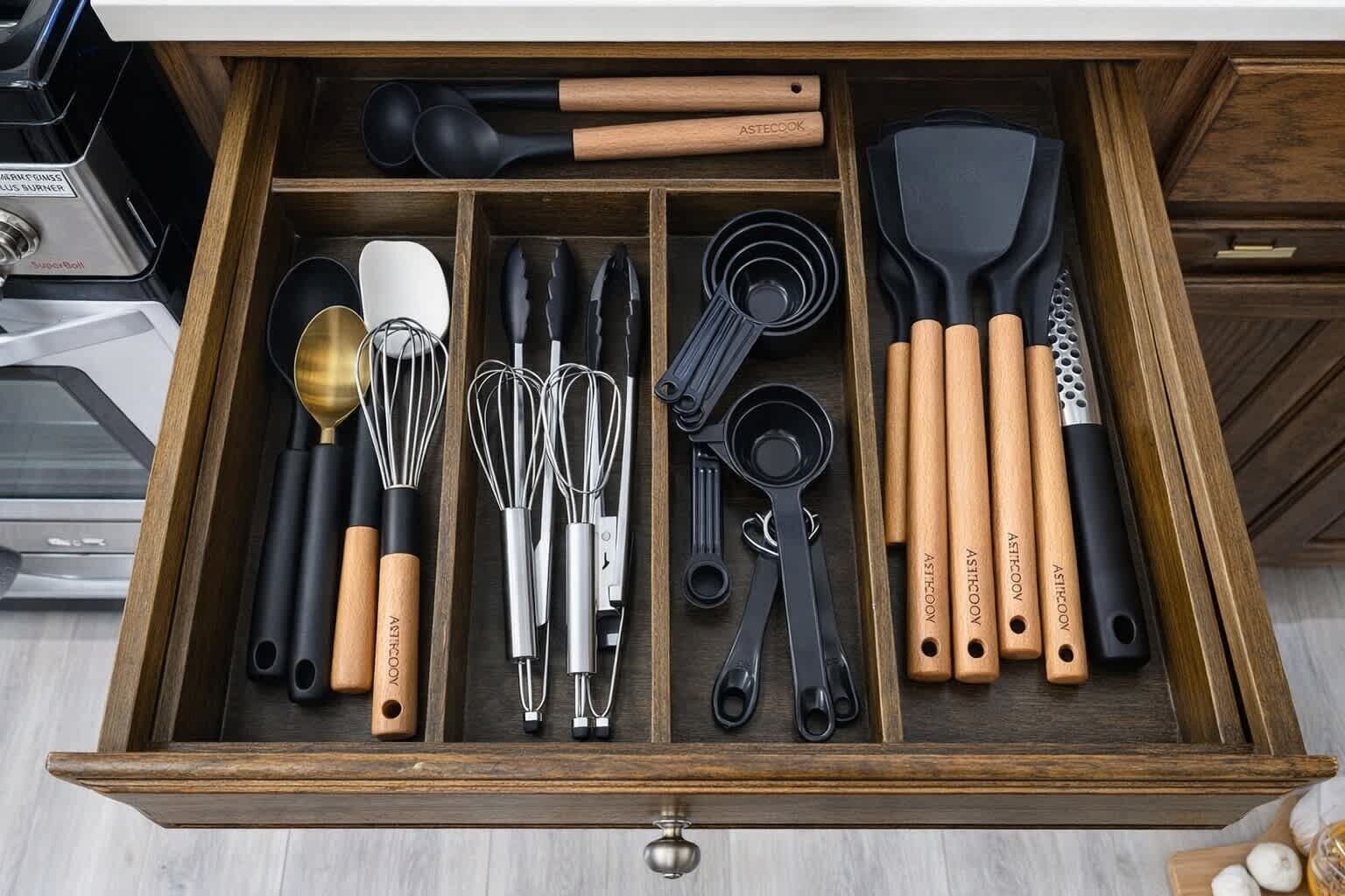 Een keukulaag met diverse keukengerei en pannen, waaronder garde, spatels en maatlepels.