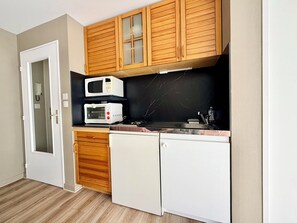 A compact kitchen with wooden cabinets, a microwave, a toaster, and a dishwasher. - T2 parking, prox thermes et centre-ville (Aix-les-Bains)