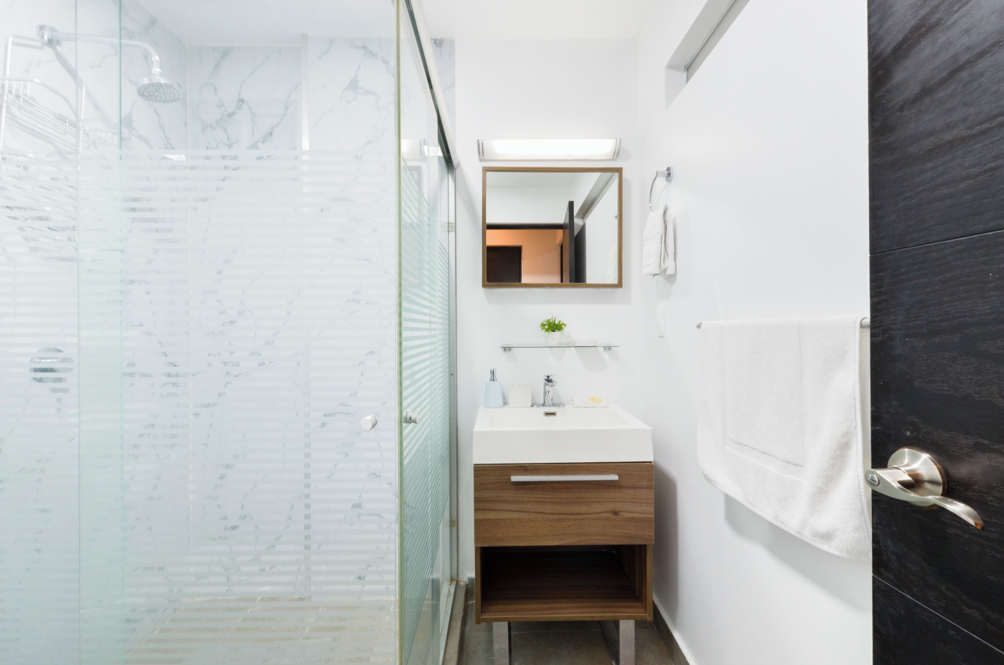 Een moderne badkamer met een glazen douchecabine, een wit wastafelmeubel met hout en een donkere deur.