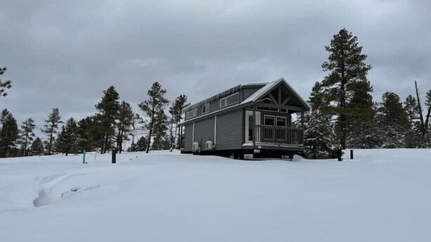Een chalet met een balkon, omringd door een besneeuwde omgeving en bomen.