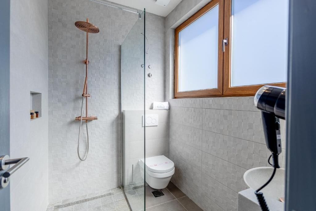 A modern bathroom with a glass-enclosed shower, a white toilet, and a hairdryer on a counter.
