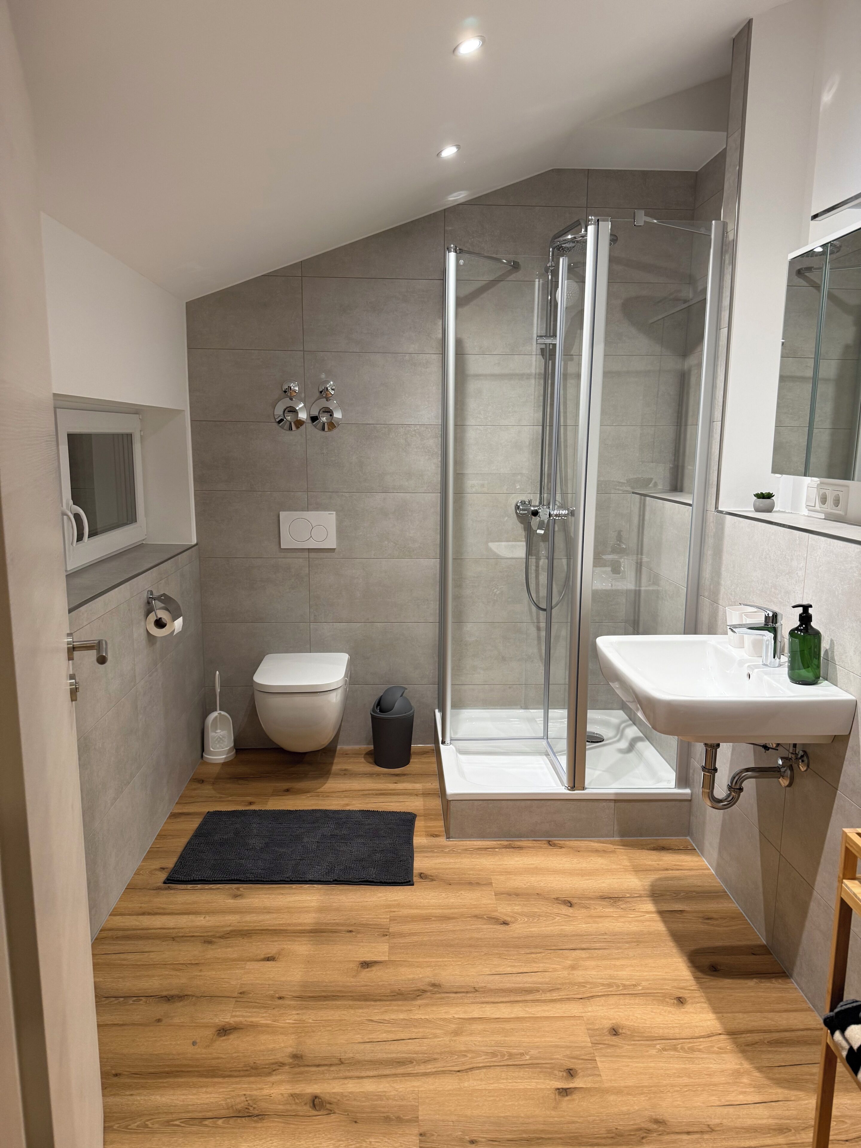 Dusche, Haartrockner, Handtücher, Seife