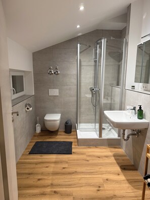 Dusche, Haartrockner, Handtücher, Seife