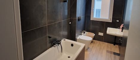 Shower, jetted bath, hair dryer, bidet