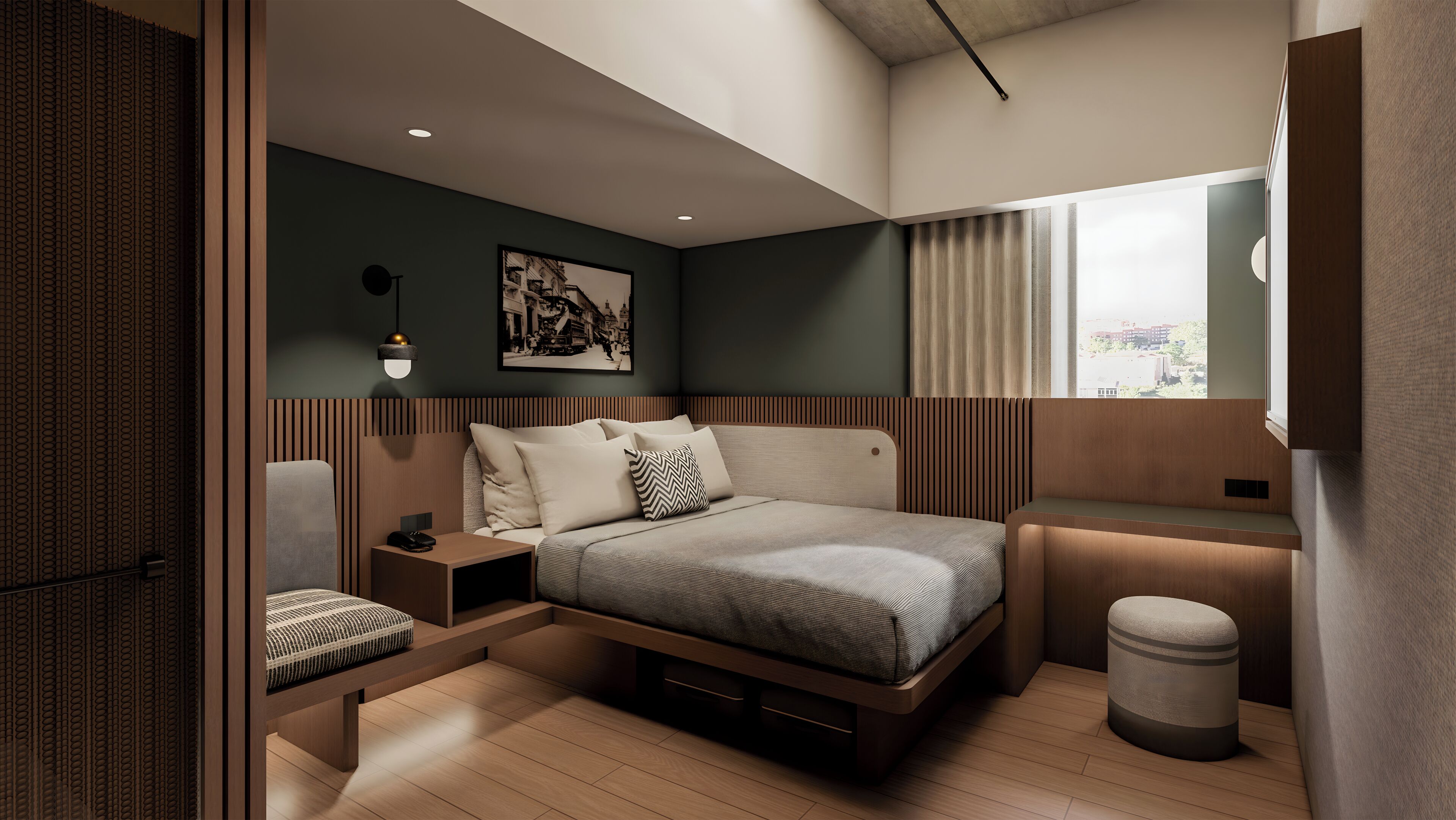 A modern bedroom with a bed, bedside tables, a chair, a small stool, a window with curtains, and a wall-mounted light fixture.