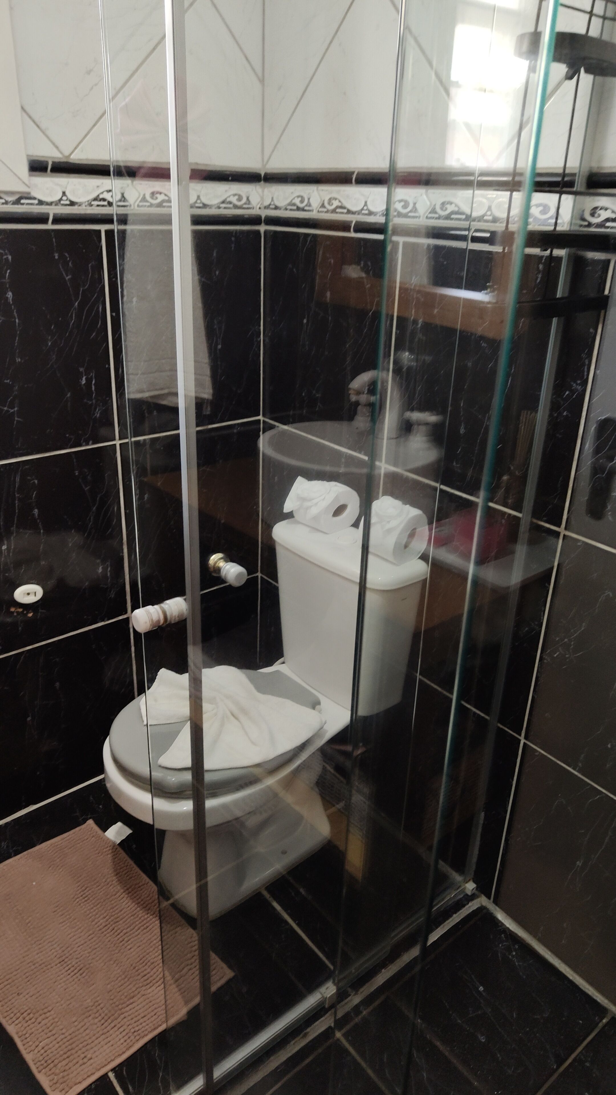 Un baño con inodoro, separador de vidrio y una toalla en el suelo.